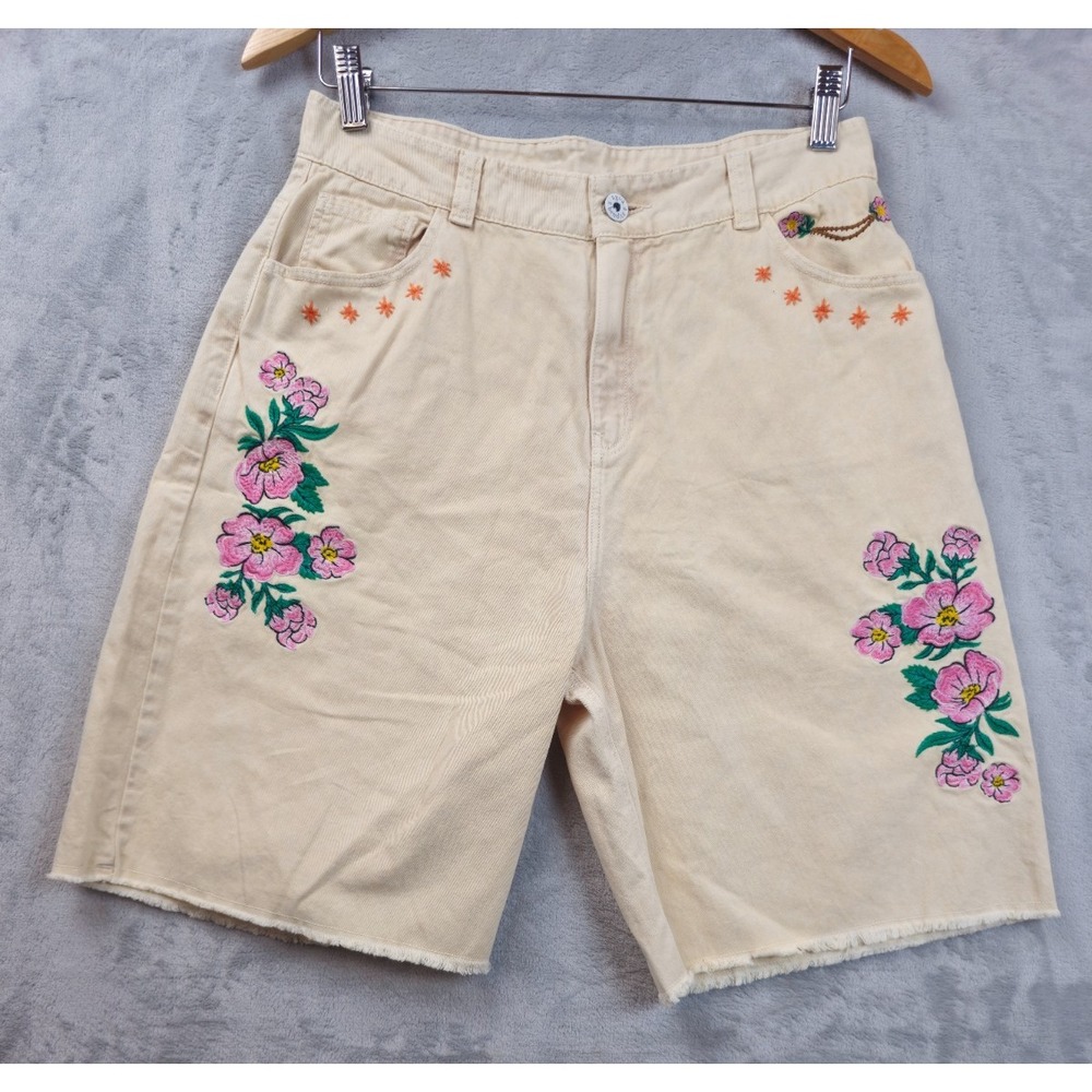 Agua Bendita Embroidered Floral Beige Denim Twill Bermuda Shorts Women's Medium